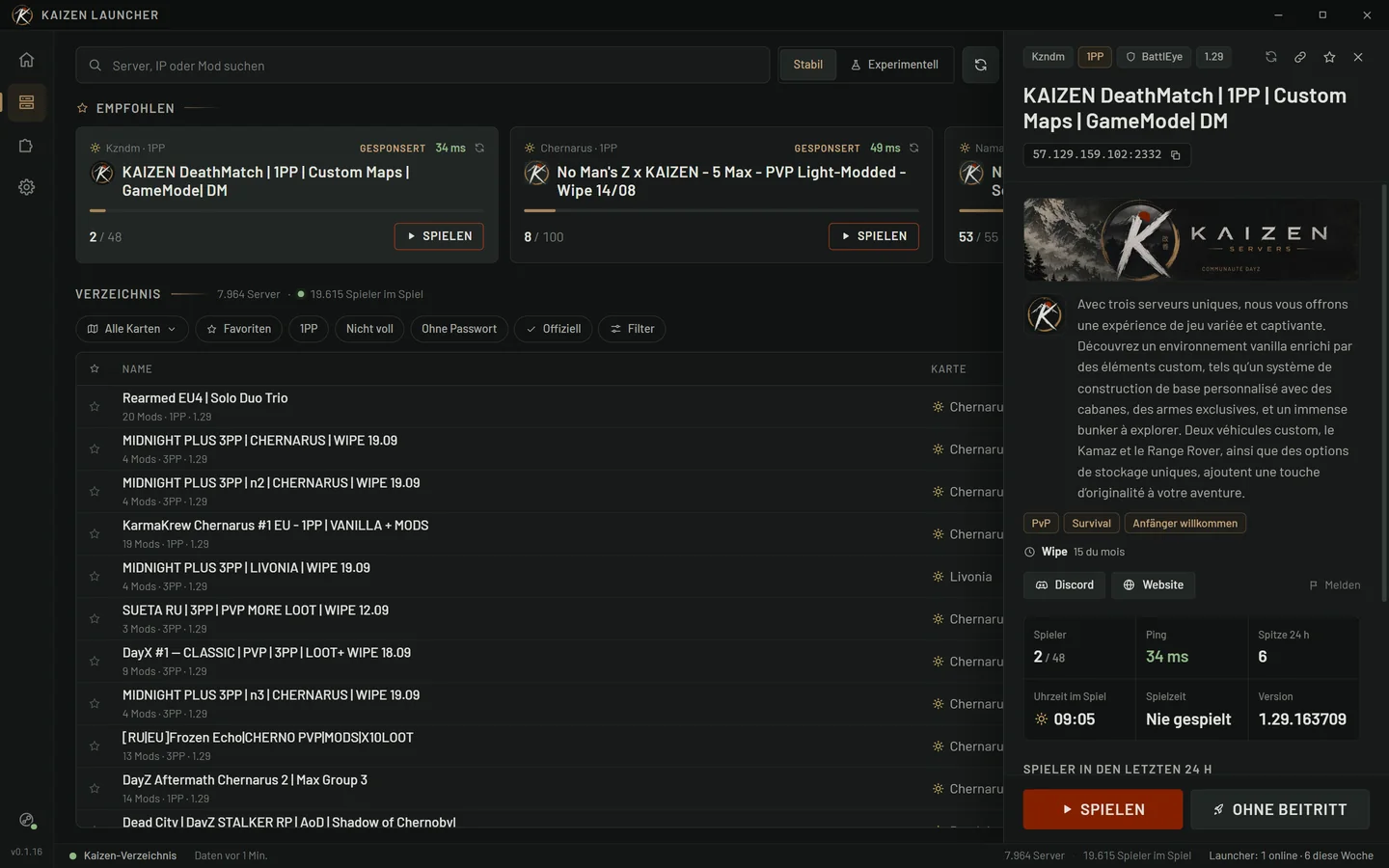 Spieler, Ping, Spielerverlauf über 24 h, Uhrzeit im Spiel und benötigte Mods, installiert oder nicht.