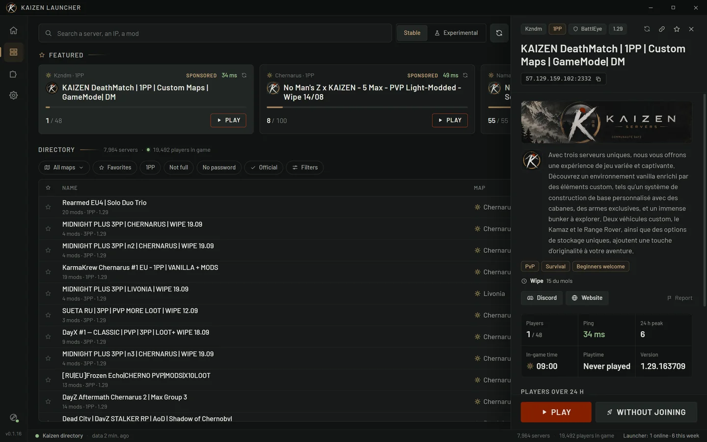 Players, ping, 24 h attendance, in-game time and required mods, installed or not.