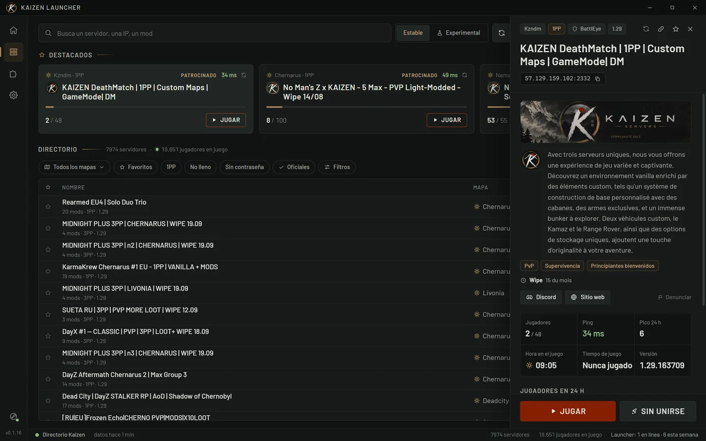 Jugadores, ping, afluencia en 24 h, hora en el juego y mods requeridos, instalados o no.