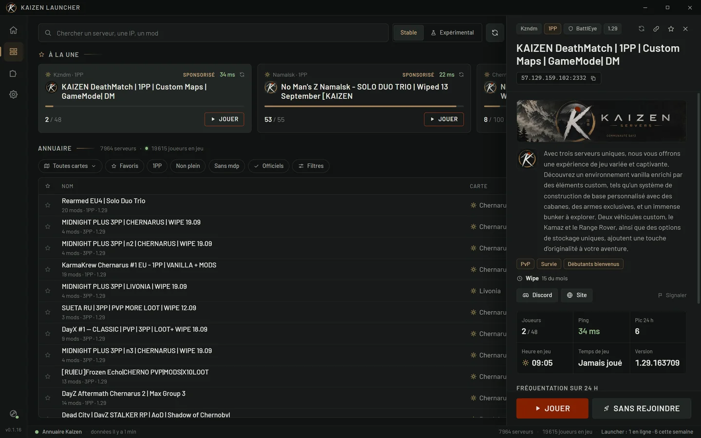 Joueurs, ping, fréquentation sur 24 h, heure en jeu et mods requis, installés ou non.