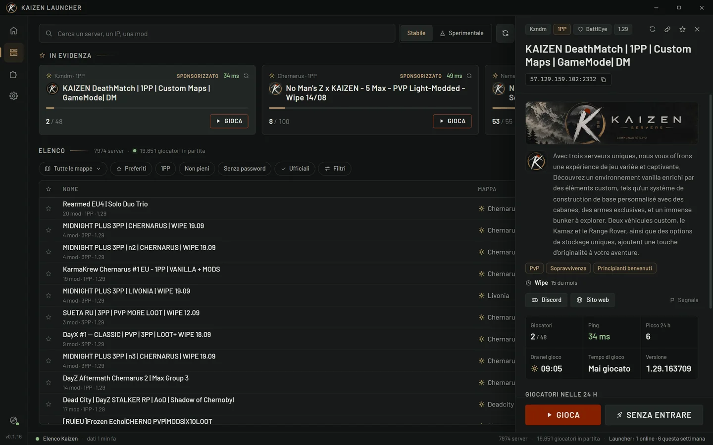 Giocatori, ping, affluenza nelle 24 h, ora nel gioco e mod richieste, installate o no.