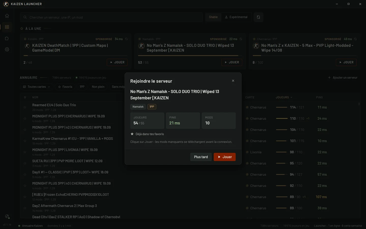 Un lien « Rejoindre » ouvre le launcher, ajoute le serveur en favori et propose de jouer.