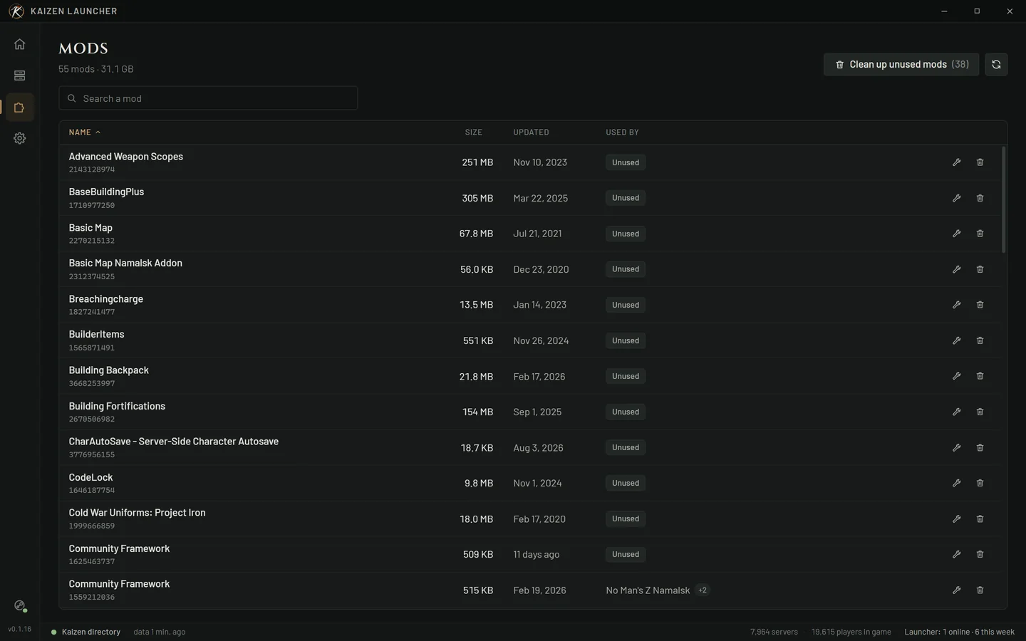 Your mods: size, last update, servers using them. Repair or delete in one click.
