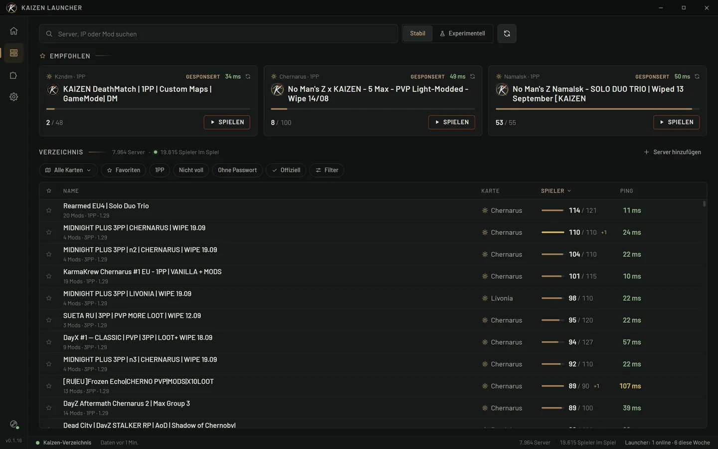 Die Serverliste im Kaizen Launcher