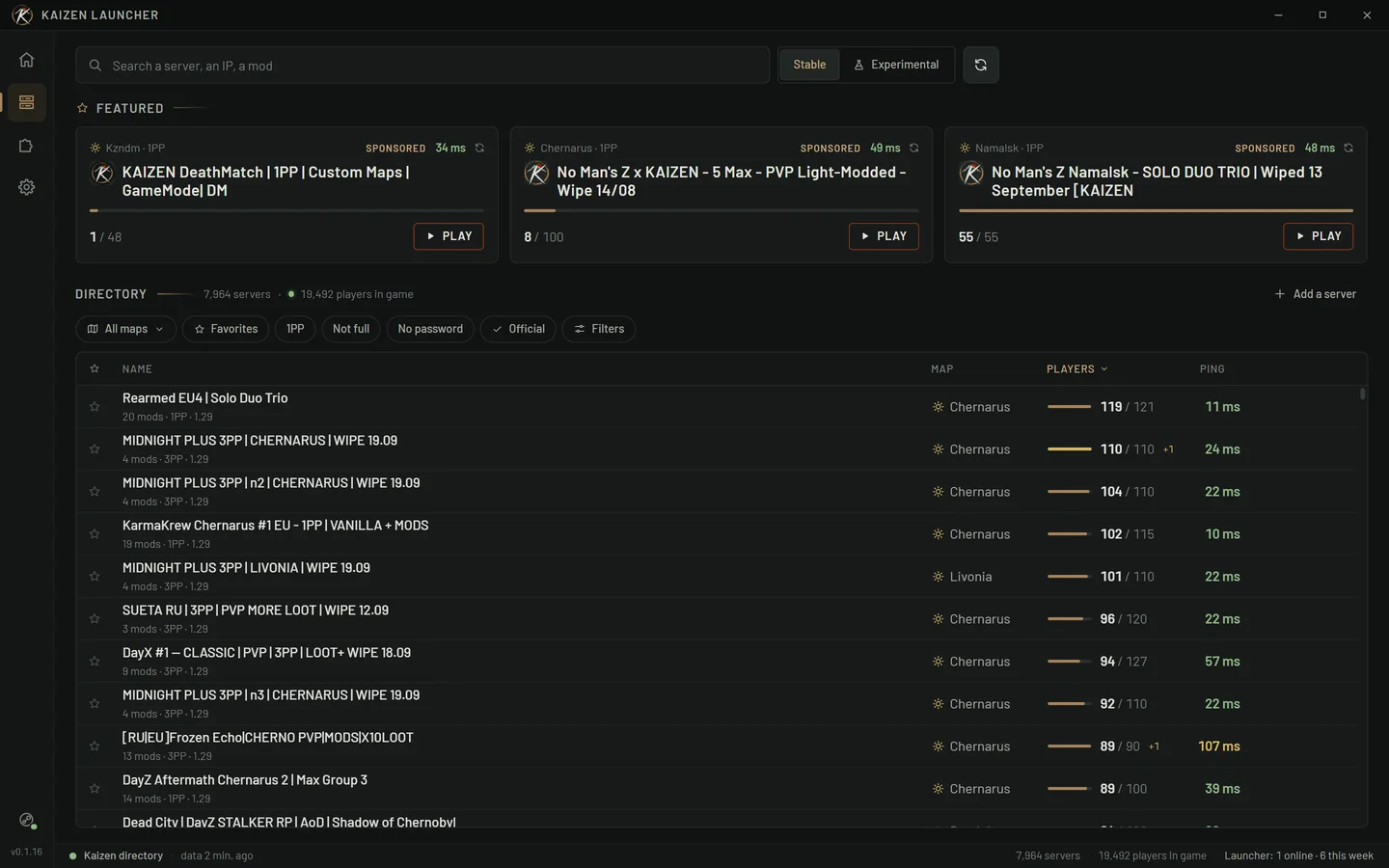 The server list in Kaizen Launcher