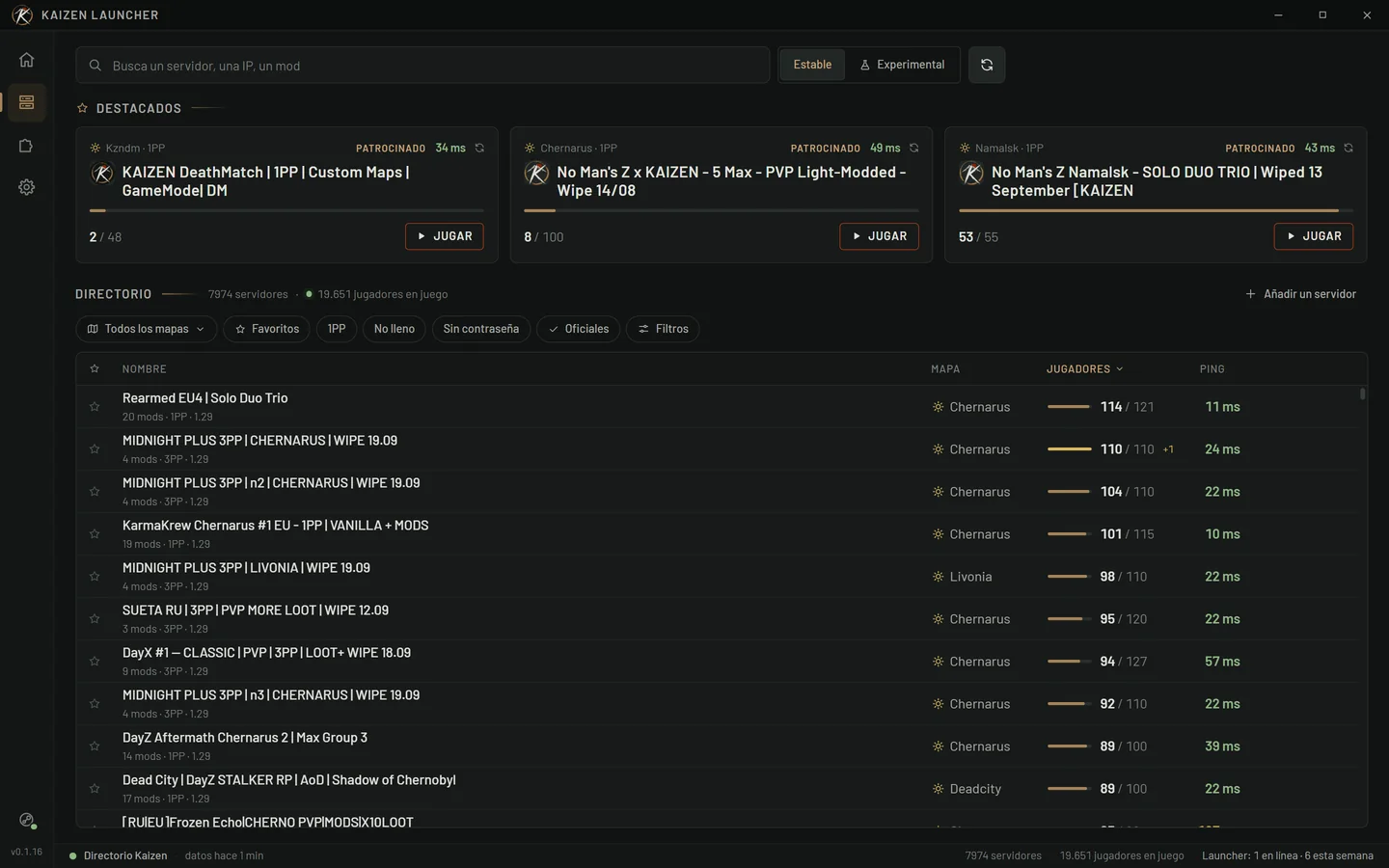 La lista de servidores en Kaizen Launcher