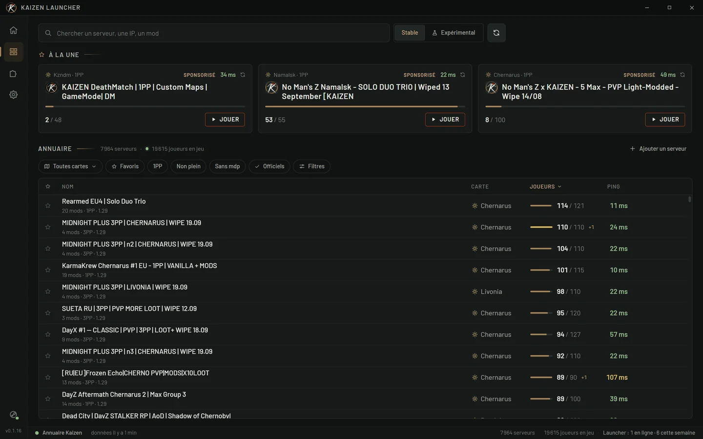 La liste des serveurs dans Kaizen Launcher
