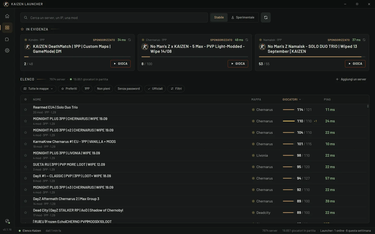 La lista dei server in Kaizen Launcher