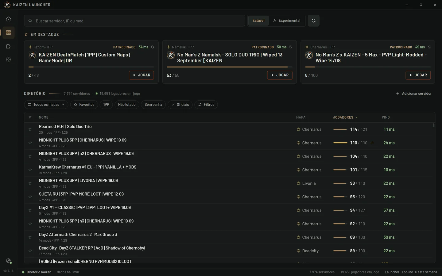A lista de servidores no Kaizen Launcher